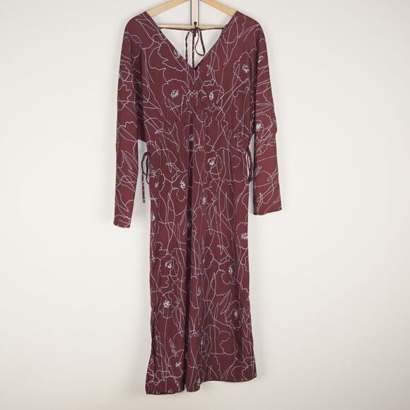 Oak Fort Kimono Cinch Waist Side Slit Floral Dress Maroon Womens Sz S - Picture 3 of 8